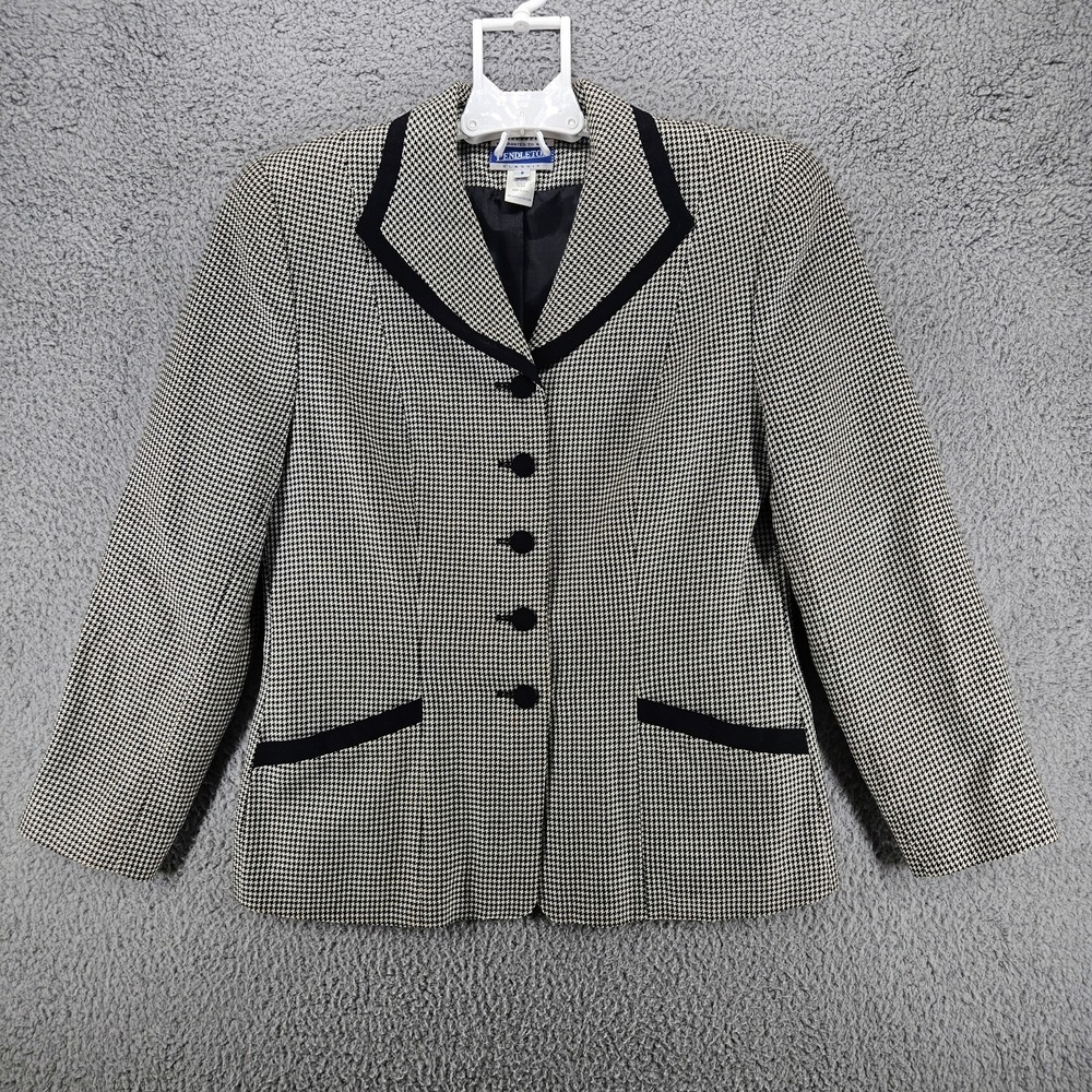 Pendleton Classic Women 8 Blazer Houndstooth Silk Blend Black White USA